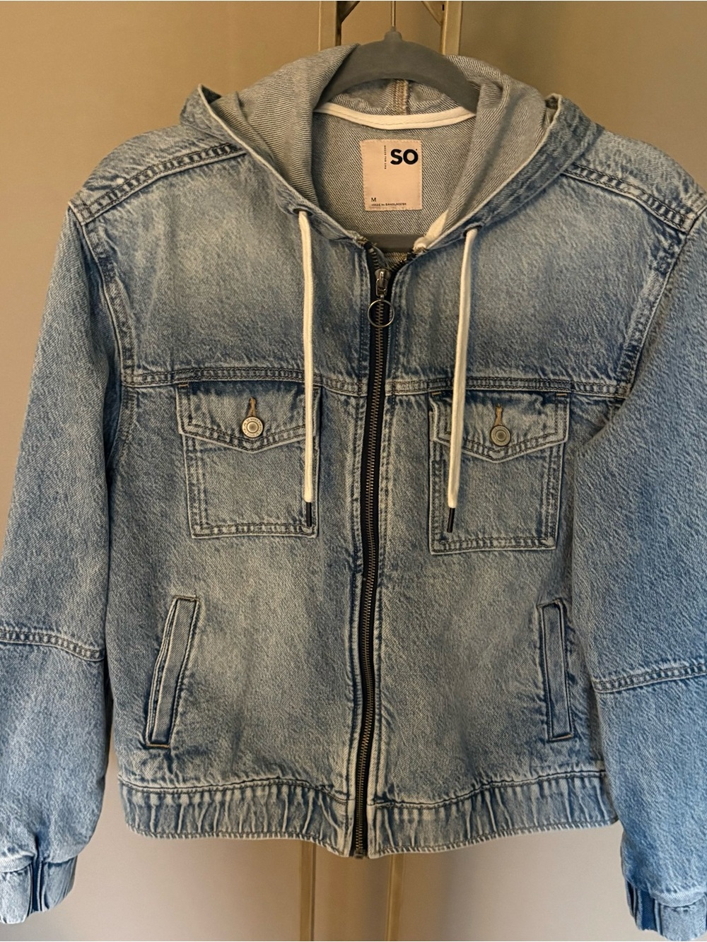 SO Light Blue cropped Denim Bomber Jacket with Hoodie Size M